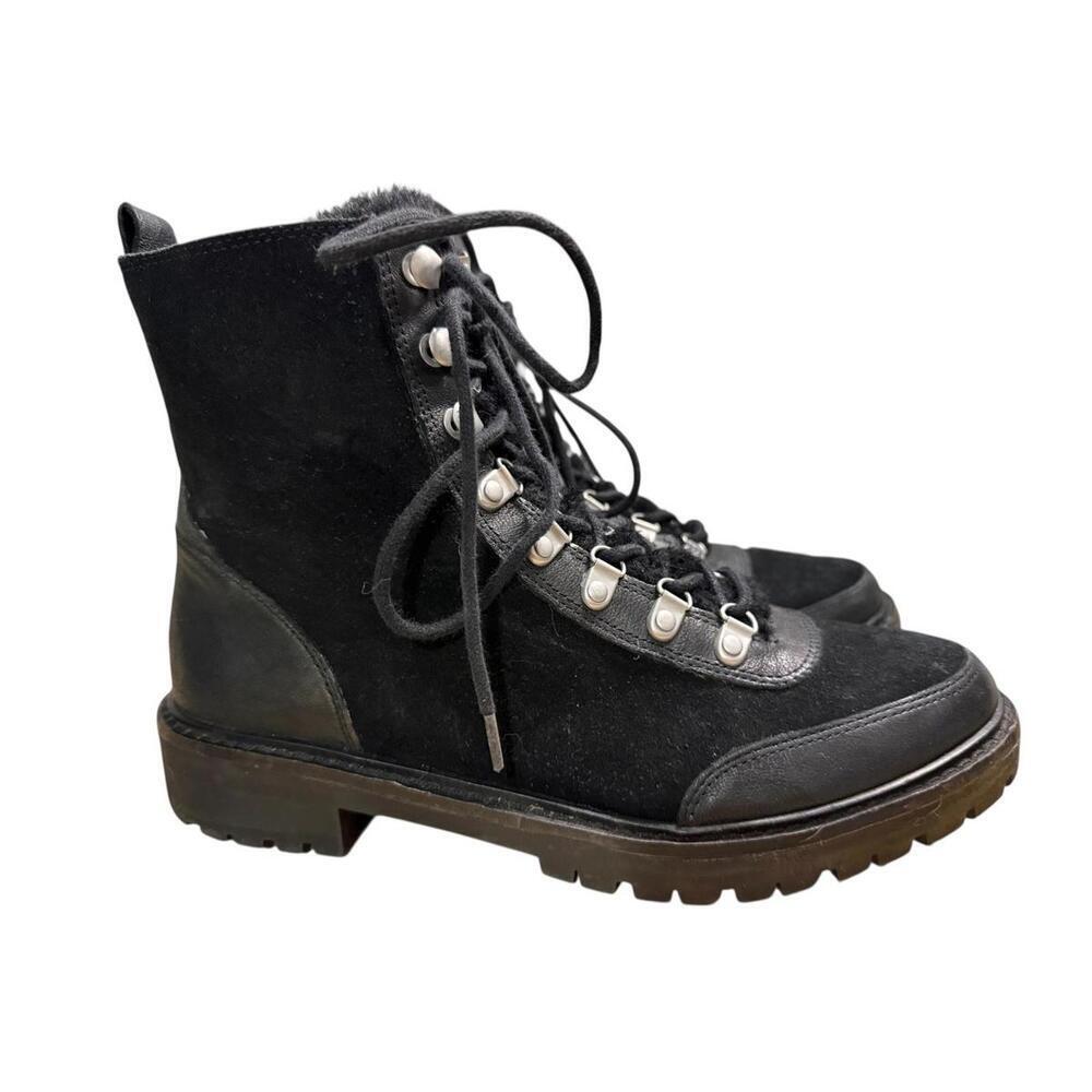 ****Lucky Brand Iliana Black Lace-Up Fur Lined Wedge  Ankle Booties 6.5
